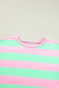 Pink Stripe Colorblock Cuffed Sleeve Loose Tee