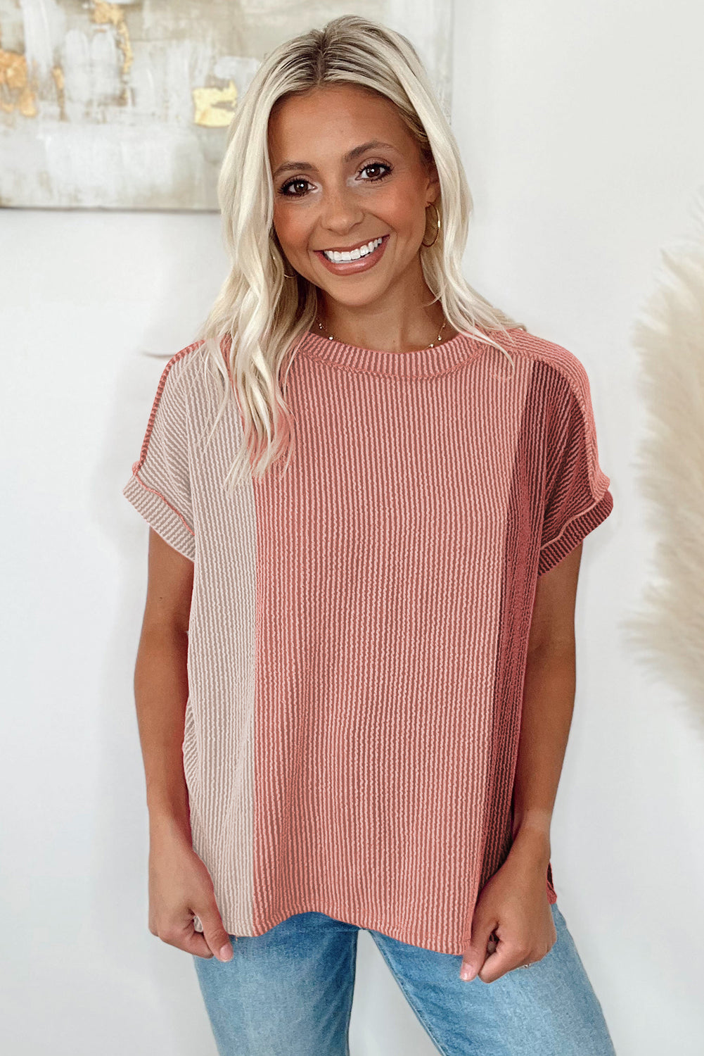 Pink Textured Colorblock Crew Neck T Shirt