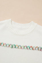 Load image into Gallery viewer, White Colorful Crossed Stitch Drop Shoulder Sweater
