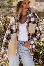 Load image into Gallery viewer, Khaki Thermal Knit Plaid Patchwork Shacket
