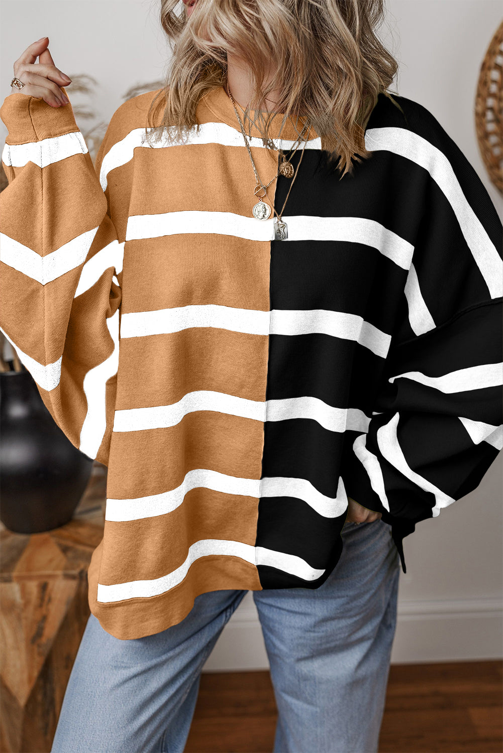 Blue Stripe Colorblock Oversized Sweater