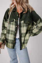 Load image into Gallery viewer, Blackish Green Snap Buttons Colorblock Plaid Shacket
