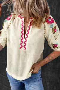 White Floral Embroidered Ricrac Puff Sleeve Textured Blouse