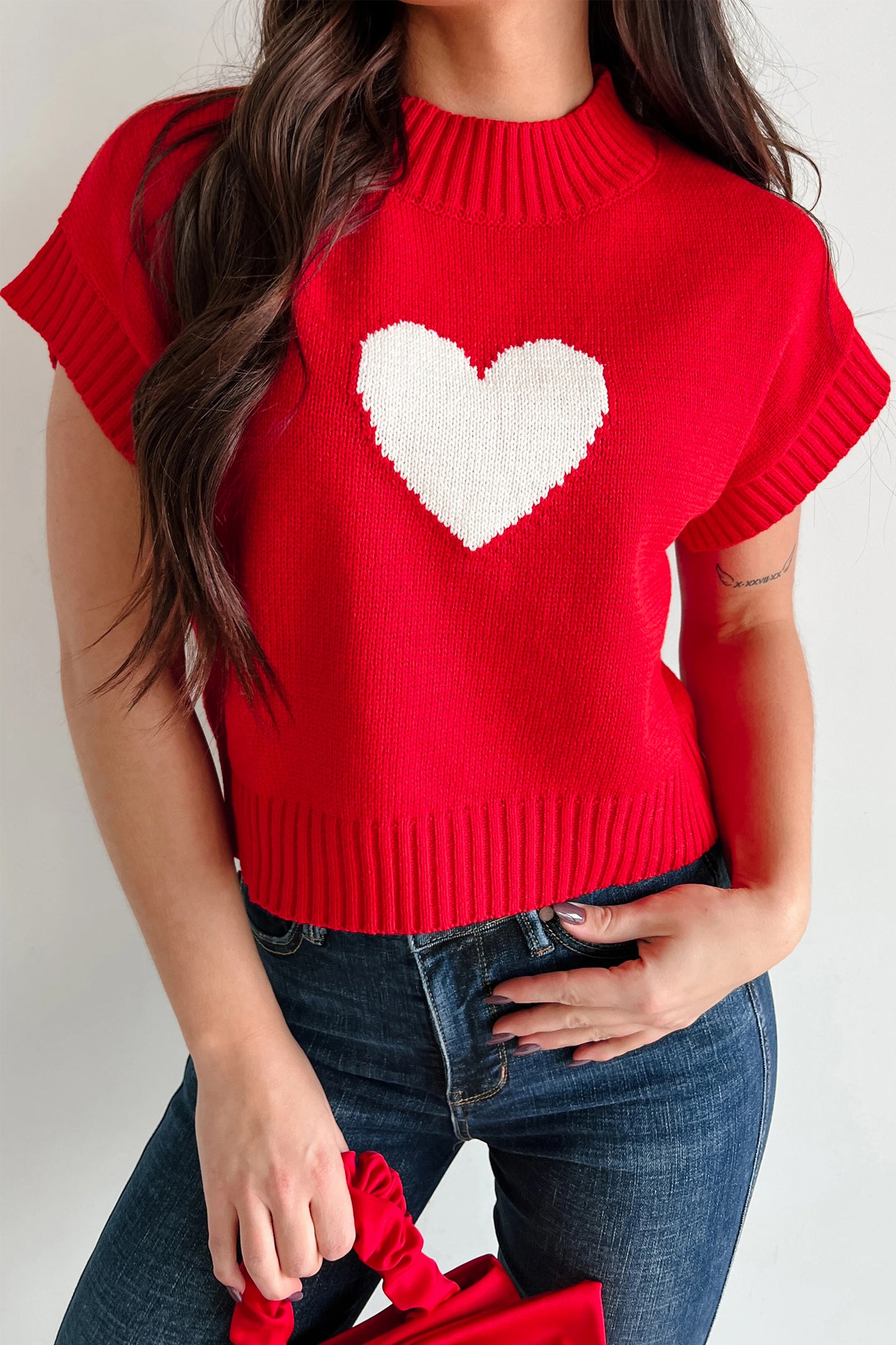 Pink Valentine Heart Graphic Cropped Short Sleeve Sweater