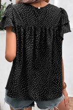 Load image into Gallery viewer, Black Dotted Ruffle Sleeve Crew Neck Ruched Blouse
