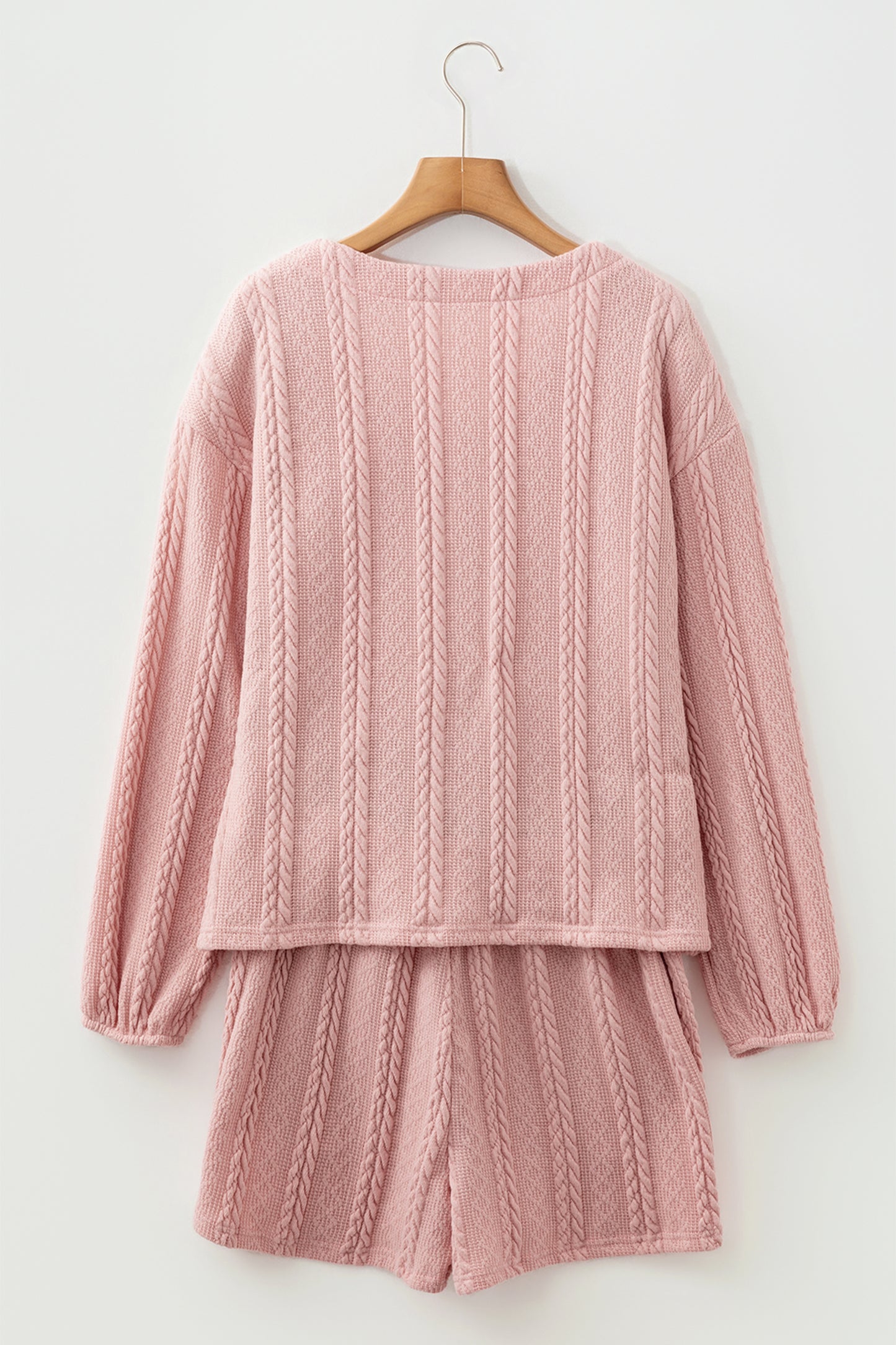 Gossamer Pink Cable Knit V Neck Cardigan Shorts Set