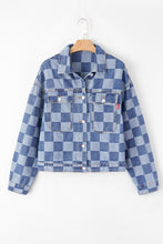 Load image into Gallery viewer, Light Blue Checkered Patchwork Button up Denim Jacket
