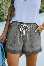 Load image into Gallery viewer, Black Pocketed Drawstring High Waist Denim Shorts
