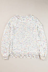 White Colorful Confetti Distressed Knit Sweater