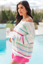 Load image into Gallery viewer, White Striped Hollowed Crochet Loose Fit Sweater
