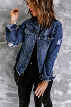 Load image into Gallery viewer, Sky Blue Lapel Distressed Raw Hem Buttons Denim Jacket
