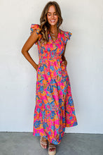 Load image into Gallery viewer, Rose Red Boho Floral V Neck Ruffle Tiered Long Dress

