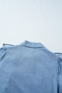 Myosotis Ruffled Shirred Cuffs Button up Chambray Shirt