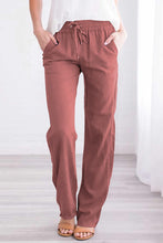 Load image into Gallery viewer, Blue Drawstring Elastic Waist Pockets Long Straight Legs Pants
