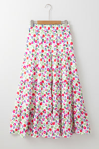 Pink Abstract Print Tiered Flowy Maxi Skirt