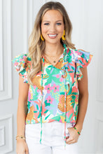 Load image into Gallery viewer, Green Frilly Ruffle Tie Split Neck Summer Floral Blouse
