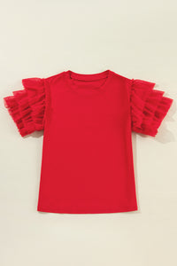 Fiery Red Tulle Ruffle Sleeve Top