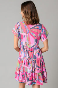 Pink Abstract Geometric Print Tassel Tie Flared Dress