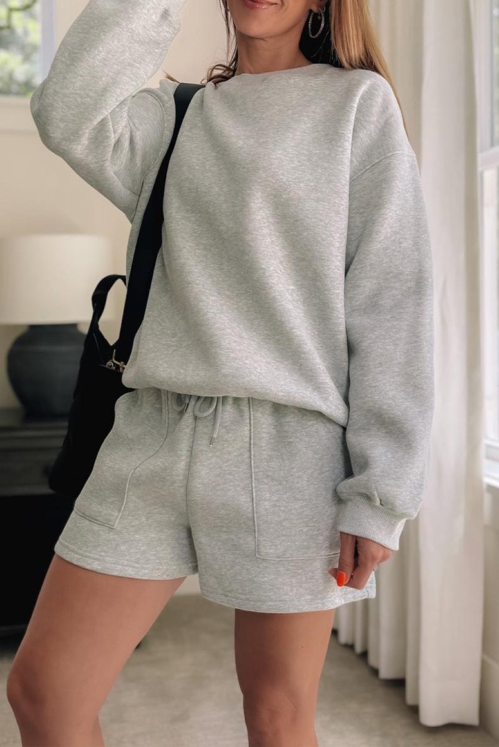 Light Grey Solid Pullover Sweatshirt and Shorts 2 Piece Set