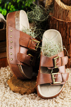 Load image into Gallery viewer, Chestnut Dual Buckle Studded Platform Sandal Slippers
