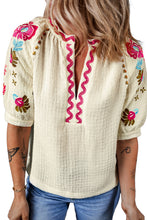 Load image into Gallery viewer, White Floral Embroidered Ricrac Puff Sleeve Textured Blouse
