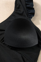 Load image into Gallery viewer, Black Ruffled Trim Ruched One Piece Bathing Suit
