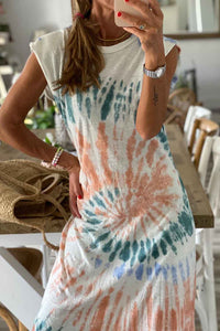 White Cap Sleeve Tie Dye Long Slit Dress