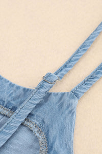 Sky Blue Pleated Buttons Denim Tank Top