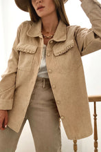 Load image into Gallery viewer, Light French Beige Solid Frilled Flap Pocket Button Up Corduroy Shacket
