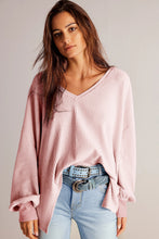 Load image into Gallery viewer, Light Pink Waffle V Neck Long Sleeve Drop Shoulder Loose Blouse
