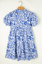 Load image into Gallery viewer, Blue Flower Print Puff Sleeve Tiered Dress
