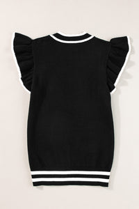 Black Edge Piping Ruffled Sleeve Round Neck Knit T Shirt