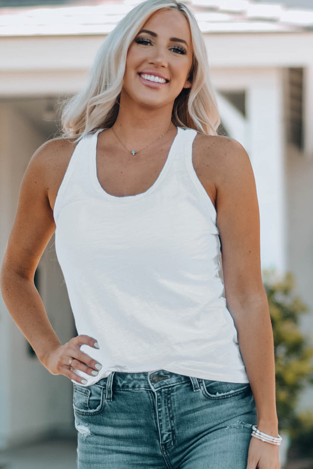 Gray Scoop Neck Basic Solid Tank Top