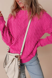 Rose Red Solid Cable Knit High Neck Drop Shoulder Sweater