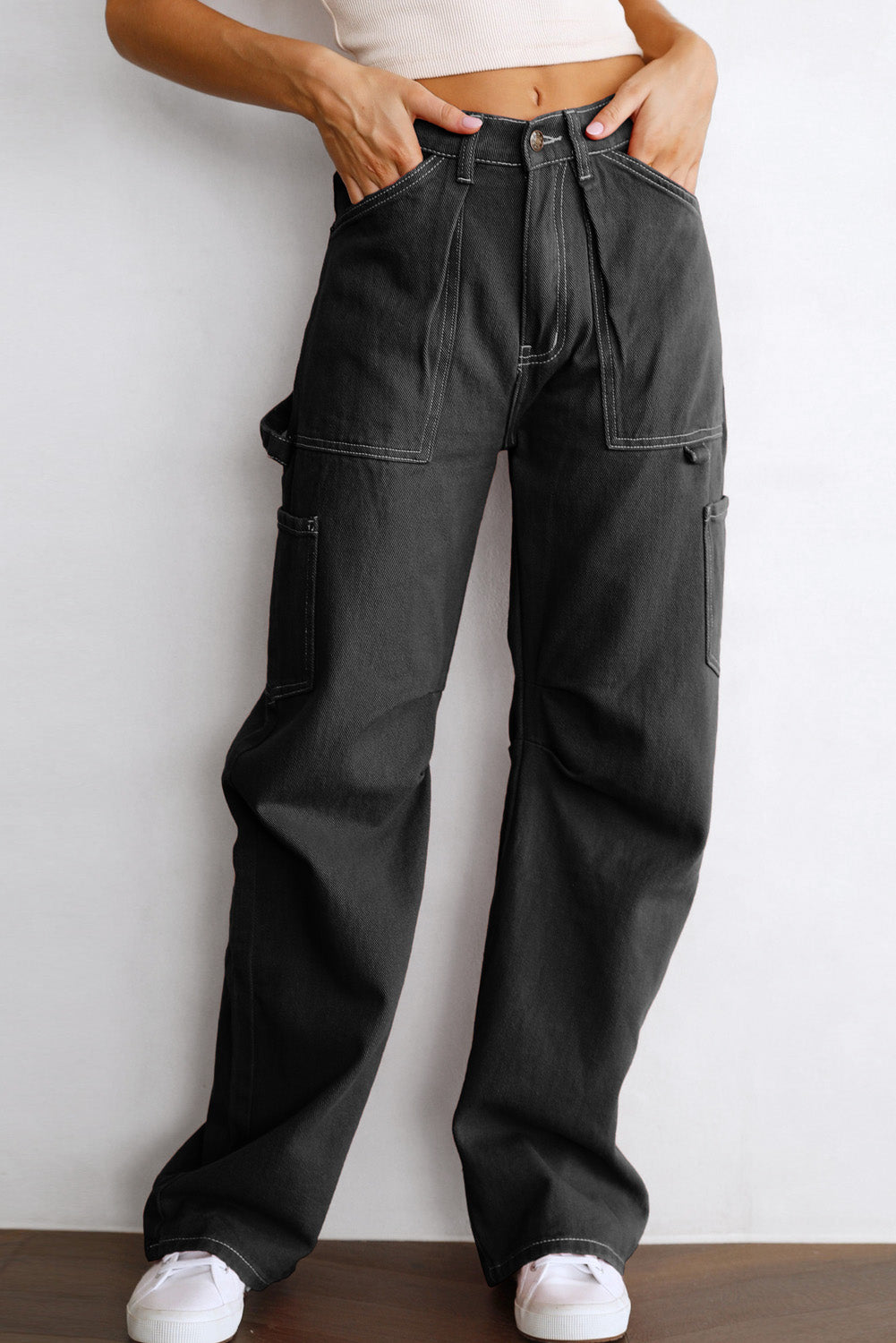 Black High Waist Straight Leg Cargo Pants with Pockets