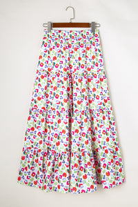 Pink Abstract Print Tiered Flowy Maxi Skirt