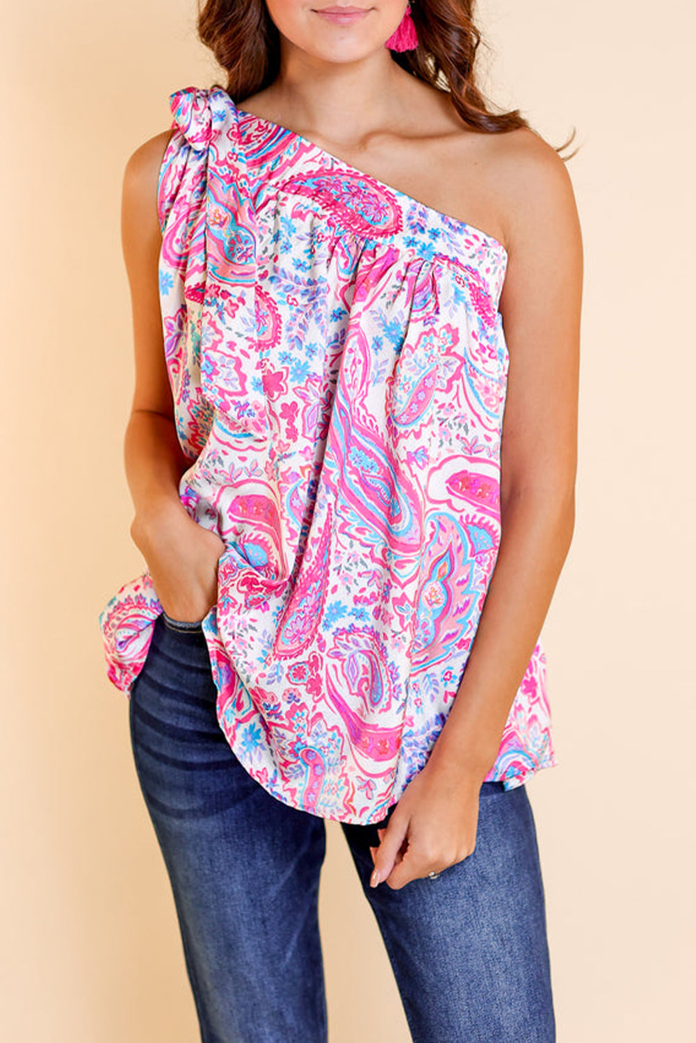 Multicolour Knotted One Shoulder Paisley Print Tank Top