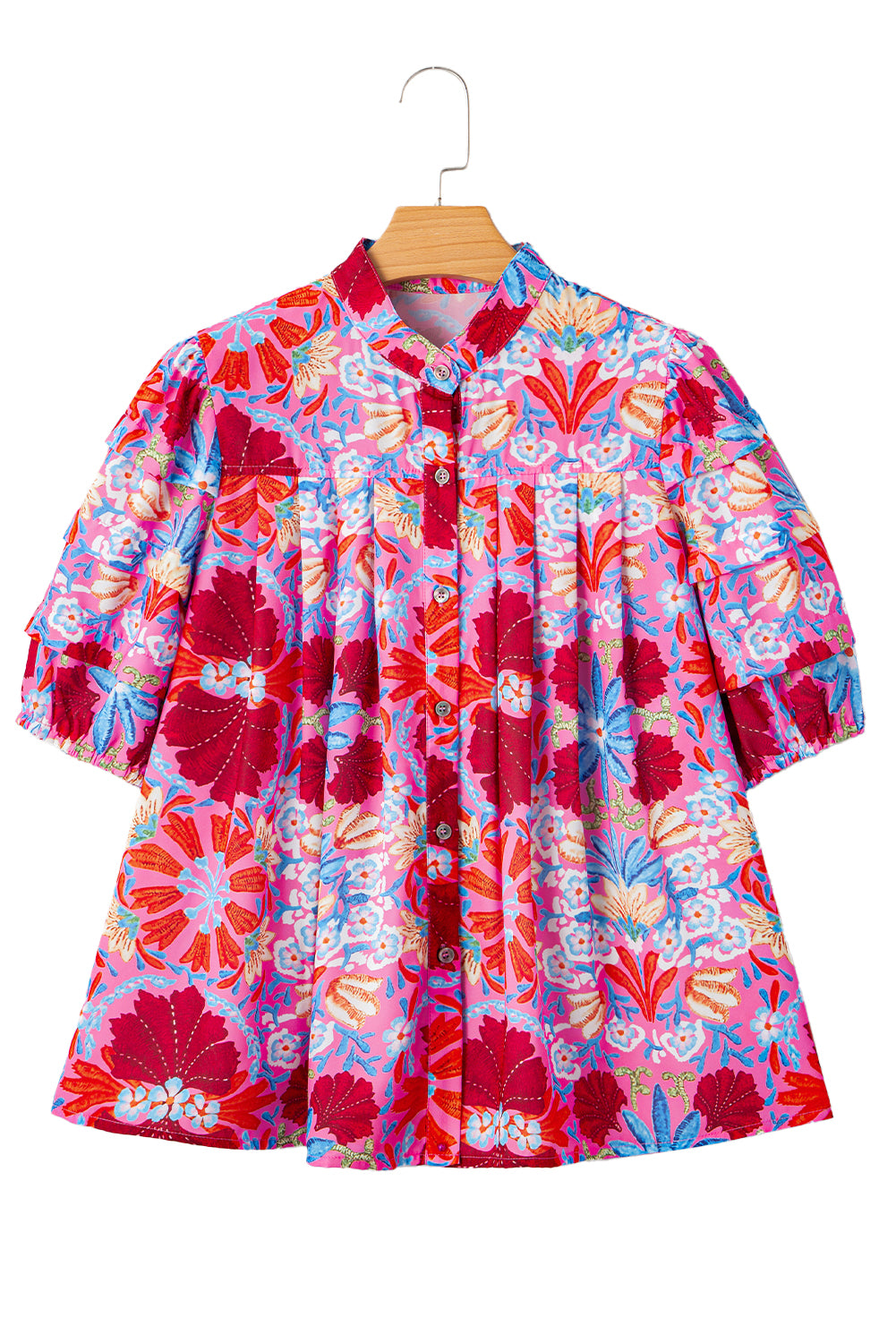 Pink Floral Print Bubble Sleeve Button Up Pleated Shirt