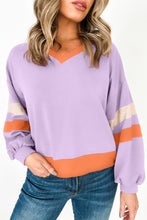 Load image into Gallery viewer, Orchid Bouquet Contrast Rib Knit Patchwork Drop Shoulder V Neck Sweatshirt
