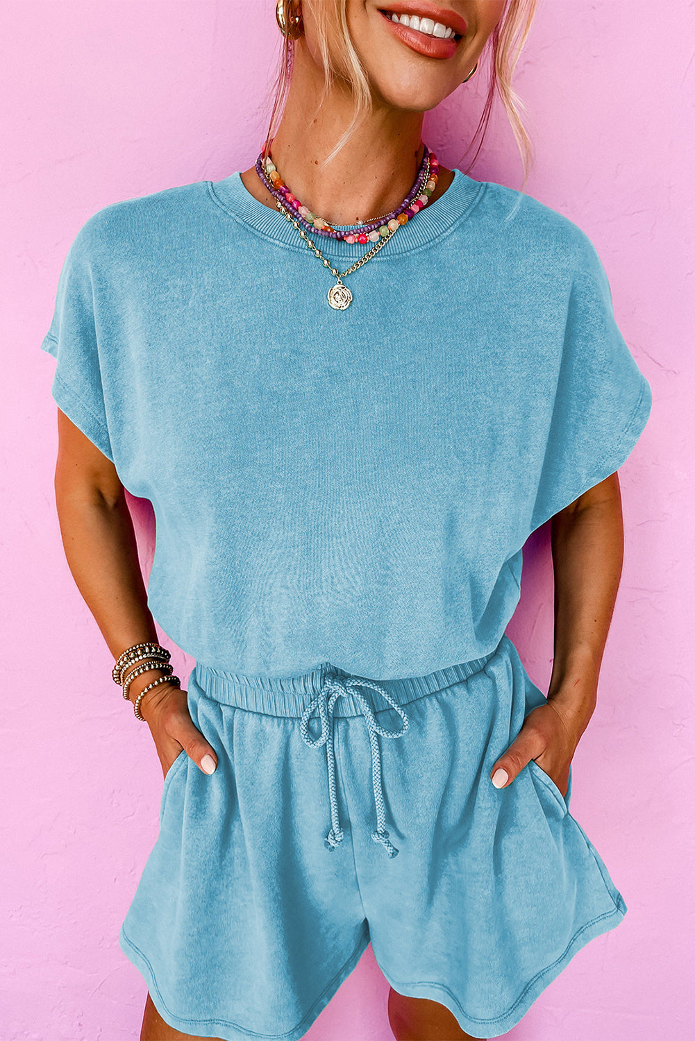 Mist Blue Mineral Wash Drawstring Waist Hollow Out Back Short Sleeve Romper