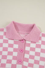 Load image into Gallery viewer, Pink Checkered Buttons Collar V Neck Drop Shoulder Sweater
