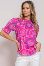 Load image into Gallery viewer, Rose Floral Print Frilled Neck Smocked Puff Sleeve Blouse
