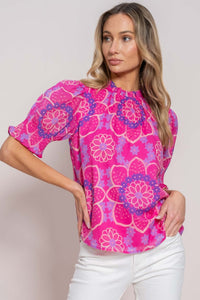 Rose Floral Print Frilled Neck Smocked Puff Sleeve Blouse