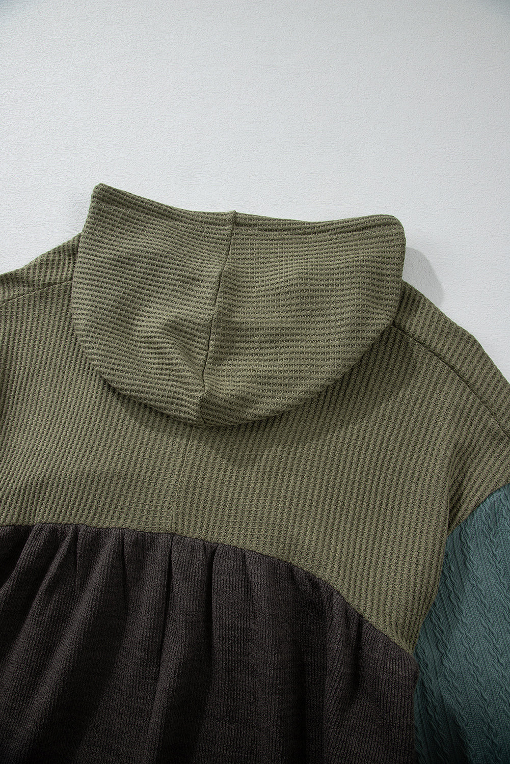 Laurel Green Mixed Textured Colorblock Patchwork Wide Sleeve Frayed High Low Hooded Top