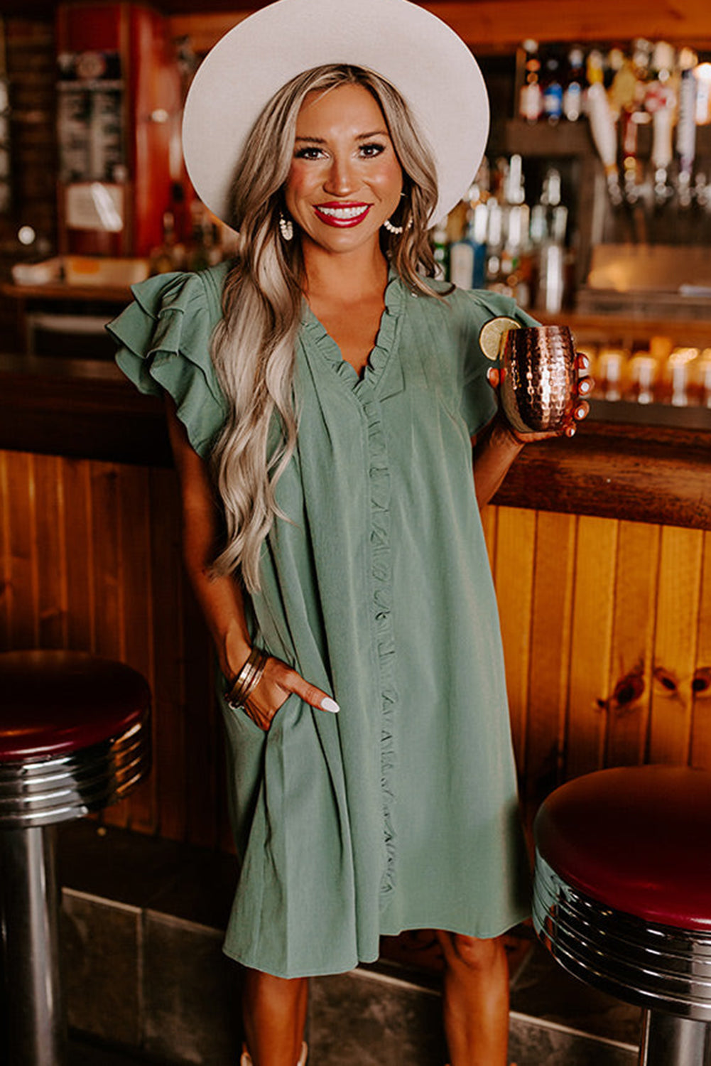 Mist Green Ruffle Sleeve V Neck Frilled Shift Dress