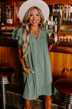 Load image into Gallery viewer, Mist Green Ruffle Sleeve V Neck Frilled Shift Dress
