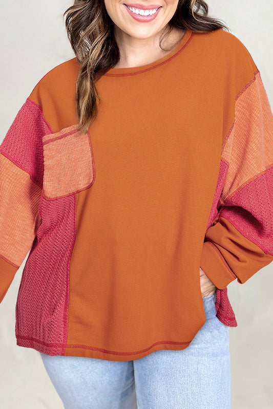 Orange Textured Knit Color Block Patchwork Chest Pocket Plus Size Top