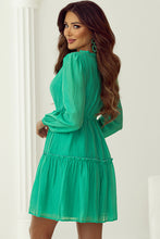 Load image into Gallery viewer, Sea Green Frilly V Neck Puff Sleeve Drawstring Shift Mini Dress
