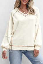 Load image into Gallery viewer, Beige Exposed Seam Textured Knit V Neck Pullover Top
