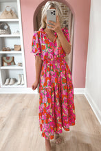 Load image into Gallery viewer, Pink Floral Short Sleeve Smocked Waist Maxi Dress
